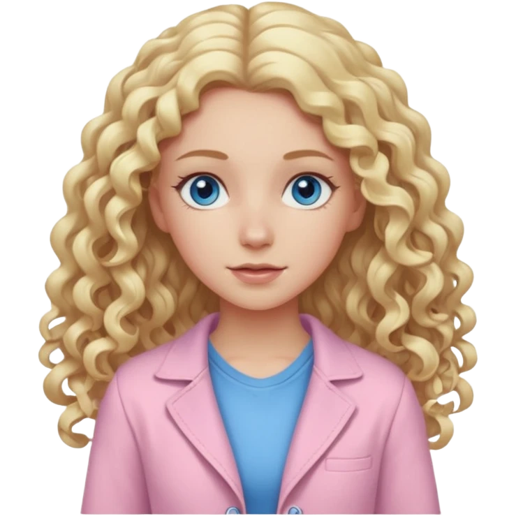 A white girl with long blonde curly hair and  eyes wearing light pink emoji
