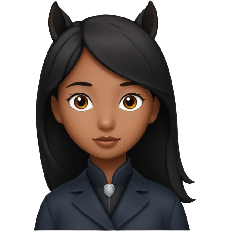 Dark brown asian girl with black horse emoji