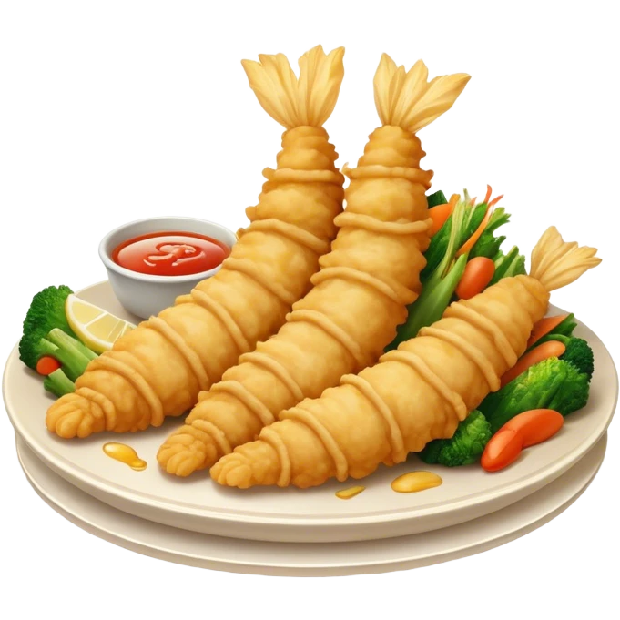 Cinematic Realistic Tempura Dish Emoji, depicted as lightly battered and fried seafood and vegetables rendered with delicate textures and crisp, inviting lighting. emoji