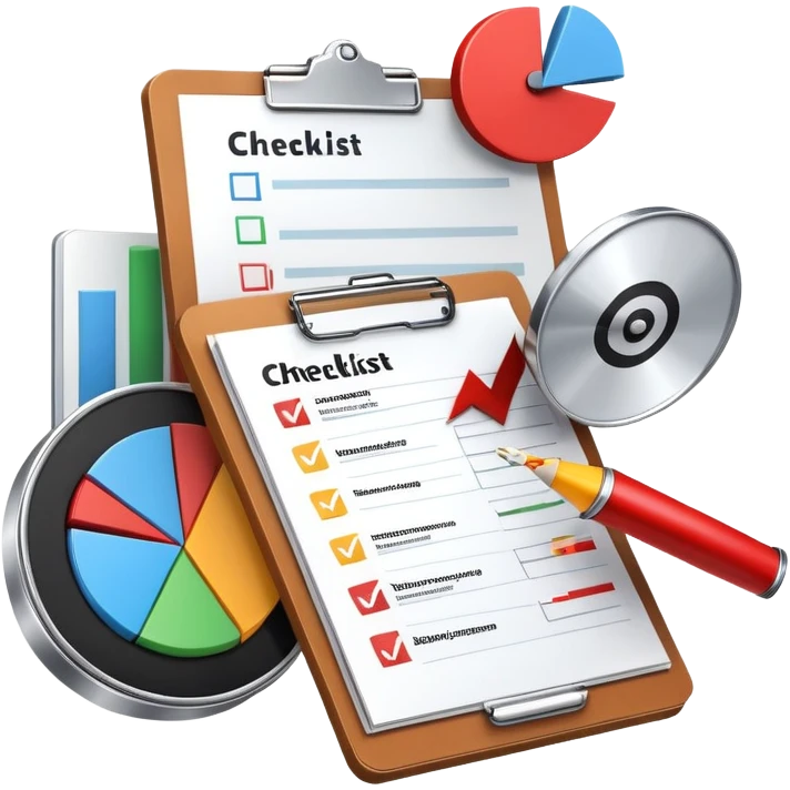 An icon featuring a pie chart, a clipboard with a checklist, and a megaphone, symbolizing management and marketing. The design includes upward-trending graphs and a target with an arrow, representing strategy and success. Transparent background highlights business organization and promotion. emoji