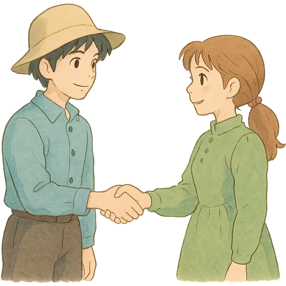 ghibli style character shaking hands, soft colors emoji