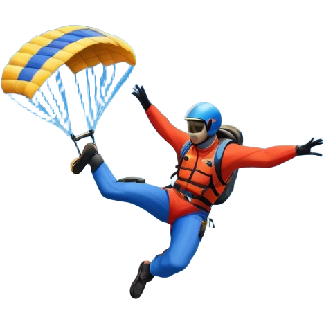 A base jumper soaring through the air, parachute deployed, flying off a steep mountain peak. The background is filled with majestic mountains, clear blue sky, and distant clouds, capturing the exhilarating thrill and beauty of extreme sports. emoji