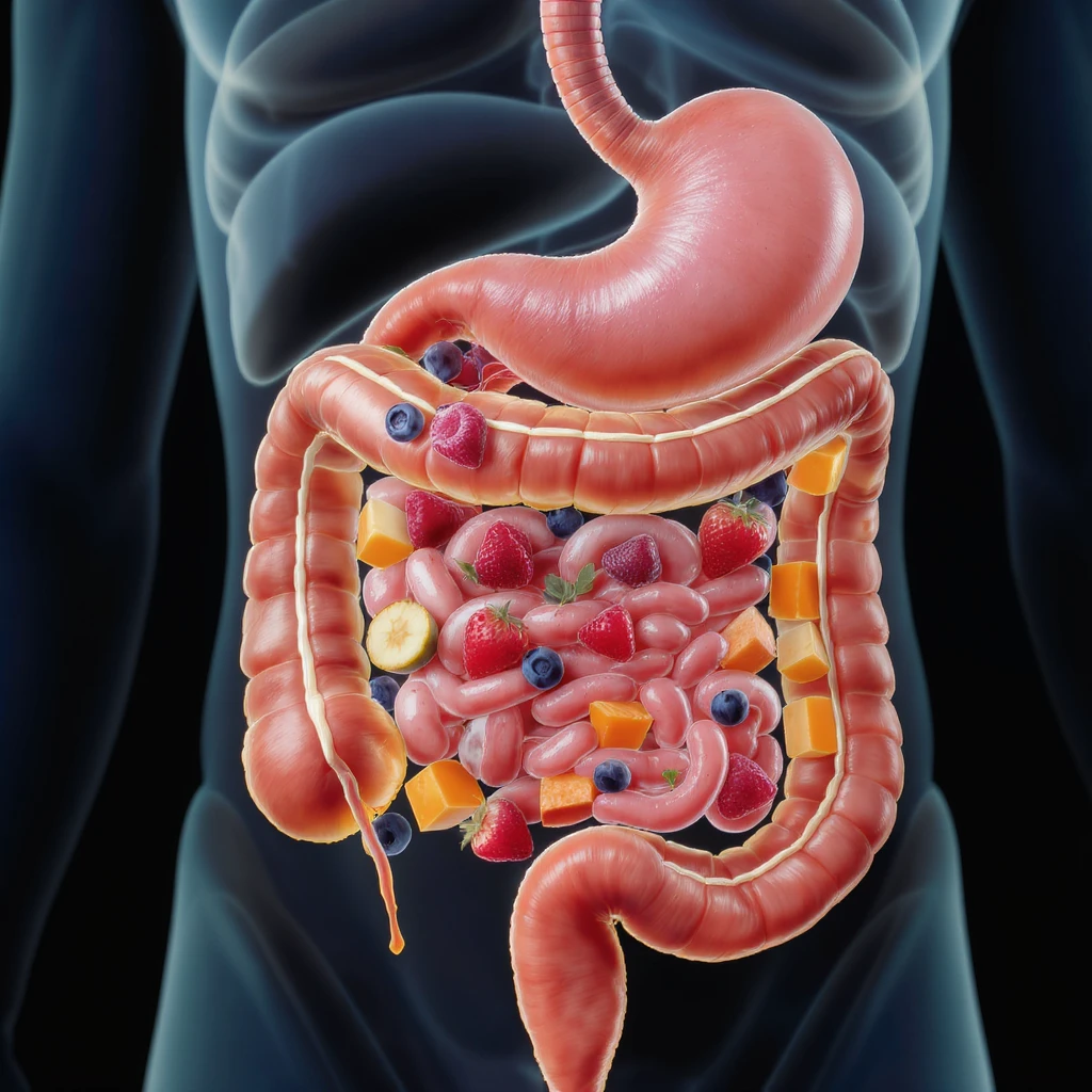 realistic intestines with visible fruit and vegetables, medical illustration style emoji
