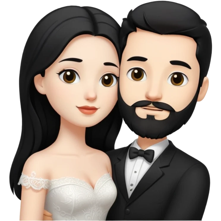 couple of newlyweds hugging, white skin man with black hair and beard; white skin woman with long black hair and black eyes emoji