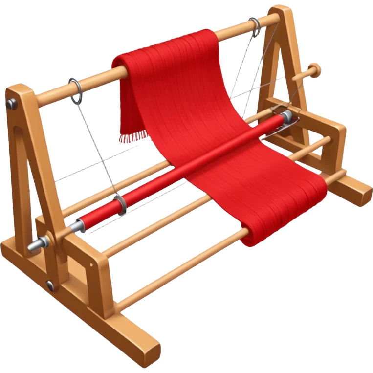 rigid heddle weaving loom set up for weaving a bright red scarf, with red yarn on a stick shuttle laying across the warp threads emoji