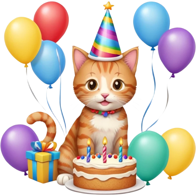 Ginger tabby kitten birthday, birthday hat, birthday cake, balloons, happy, gifts emoji
