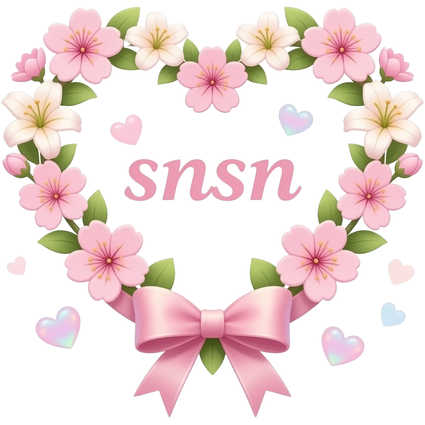 a-floral-heart-formed-from-a-ring-of-tiny-glowing-lilies-and-soft-pink-text-'snsn'-cherry-blossoms.-a-dainty-silk-ribbon-bow-is-tied-at-the-bottom.-ethereal,-soft-focus-lighting,-iridescent-finish,-and-floating-sparkling-hearts emoji