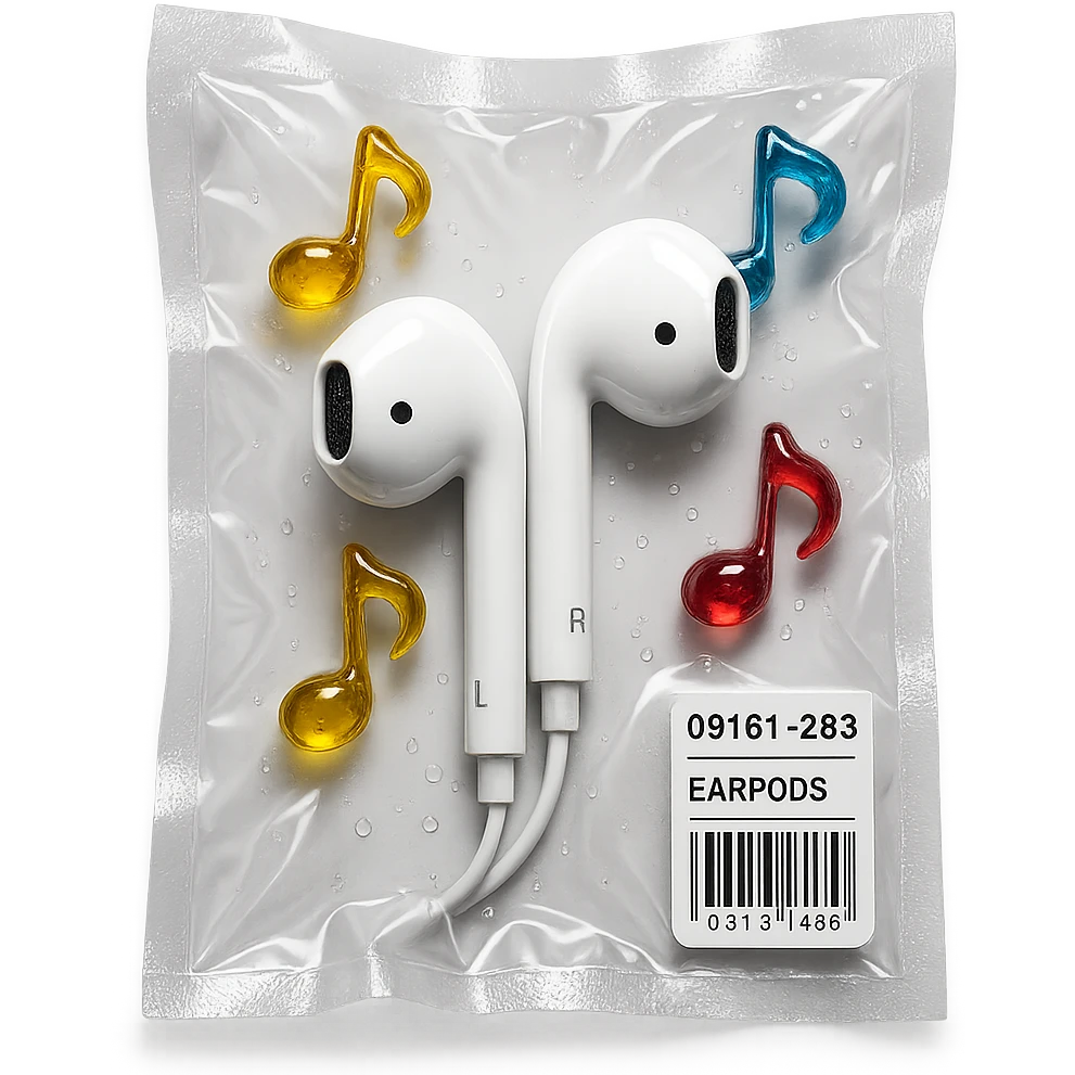 white EarPods headphones surrounded by exactly three small colorful glass music notes, glossy and puffy emoji