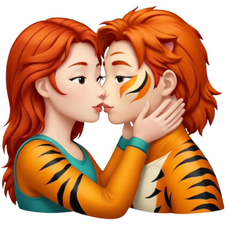 Redhead and Asian tiger kissing emoji