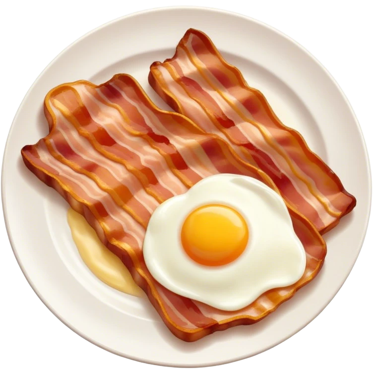 Cinematic crispy sizzling bacon, slightly curled, golden-brown with a perfect crunch, glistening with rich flavor, deep warm tones, served on a breakfast plate, comforting and indulgent. emoji