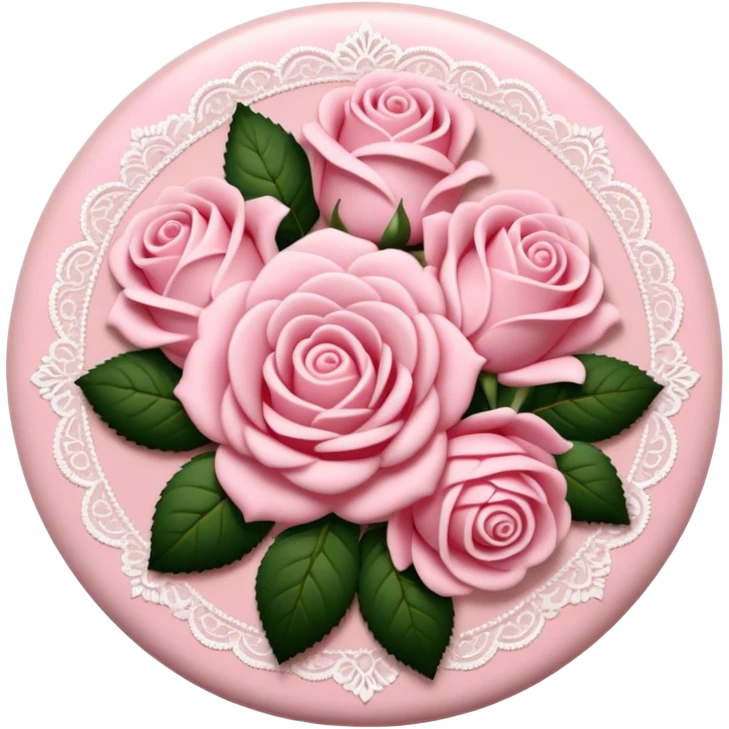 A round pink button with light cream damask lace and pink roses emoji