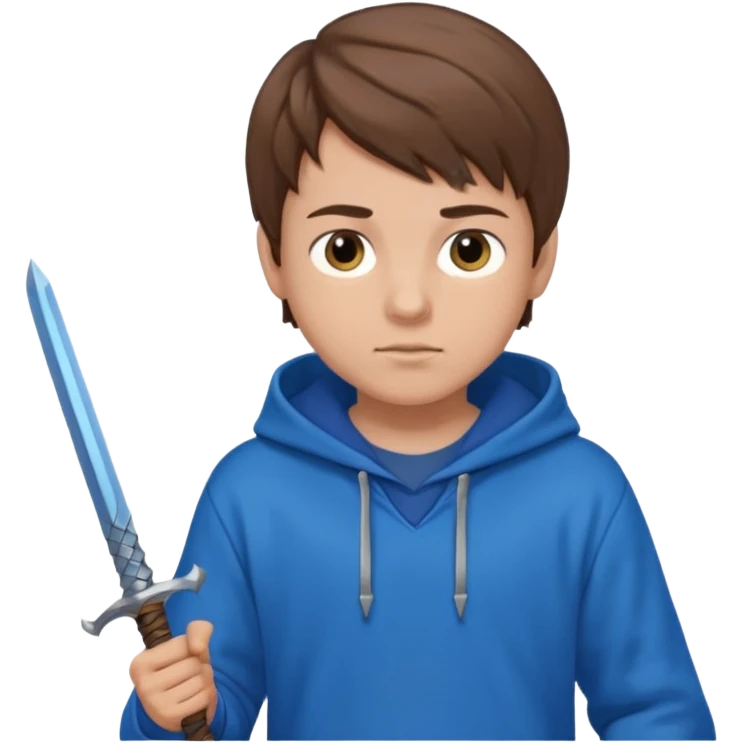 make a boy with brown hair and a blue hoodie and add a blue sword too emoji