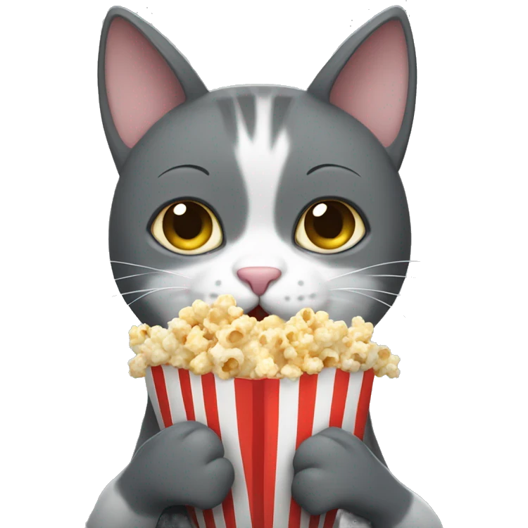 Dark gray and white cat holding popcorn emoji