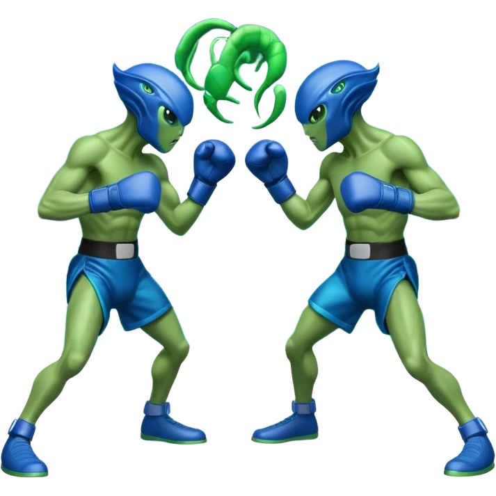 two aliens boxing in a fight stance, facing each other with raised gloves, dynamic action pose, intense expressions, sci-fi arena vibe, 3D cartoon style, mobile game icon style, clean background, no text, no watermark
 emoji
