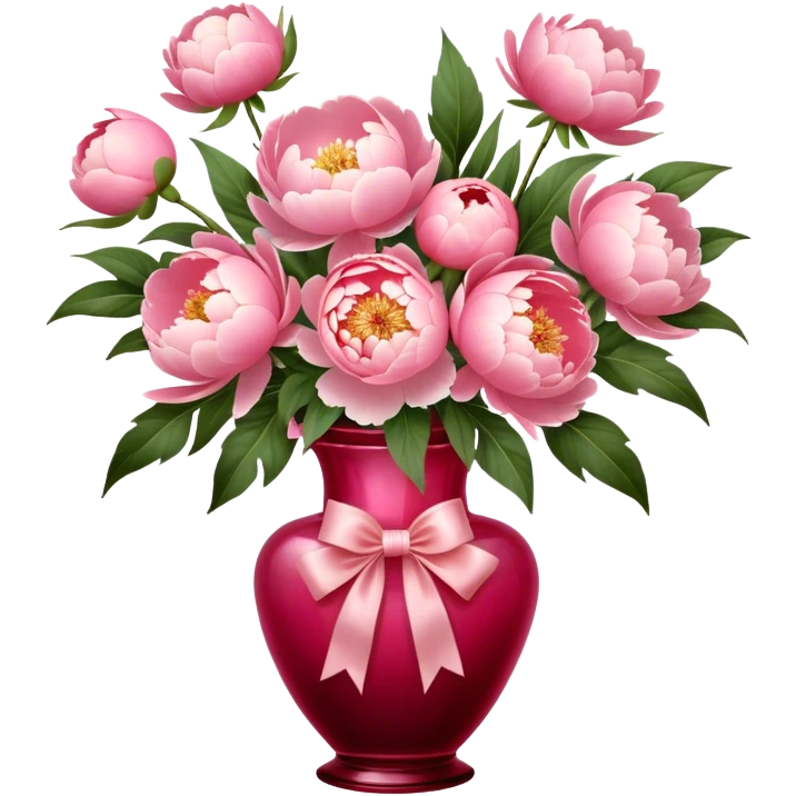 A rich Venetian Red glass vase holds a bouquet of dreamy Shell Pink peonies. An Angel Pink silk bow wraps around it, blending softness and vintage elegance." emoji