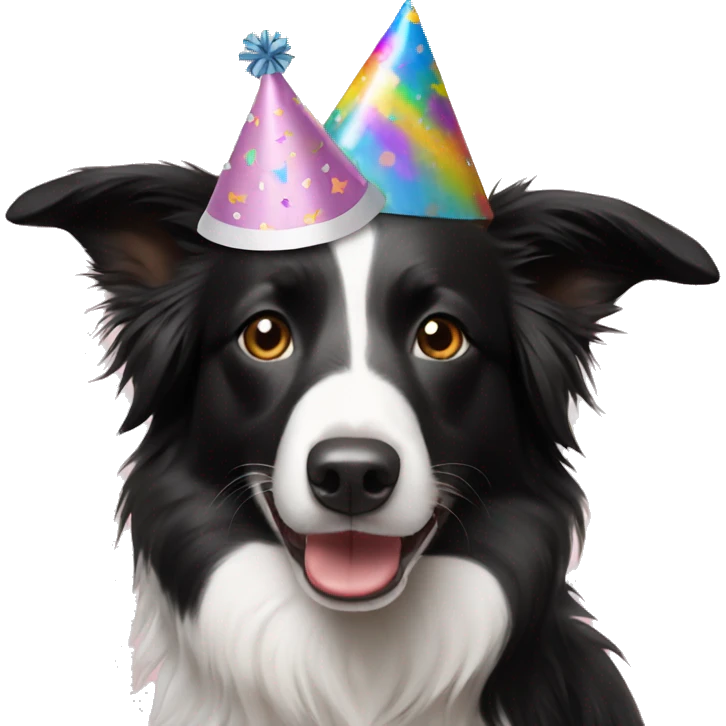 Border collie wearing a birthday hat emoji