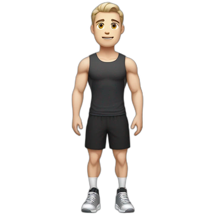 Pale skinned Fit Man With the biceps and dark brown hair in black shirt, gray sports shorts and white Sneakers emoji