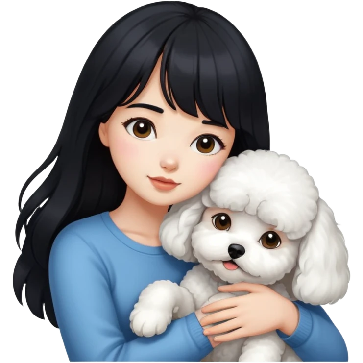 A beautiful girl with long black hair and bangs hugs a Bichon Frise tightly emoji