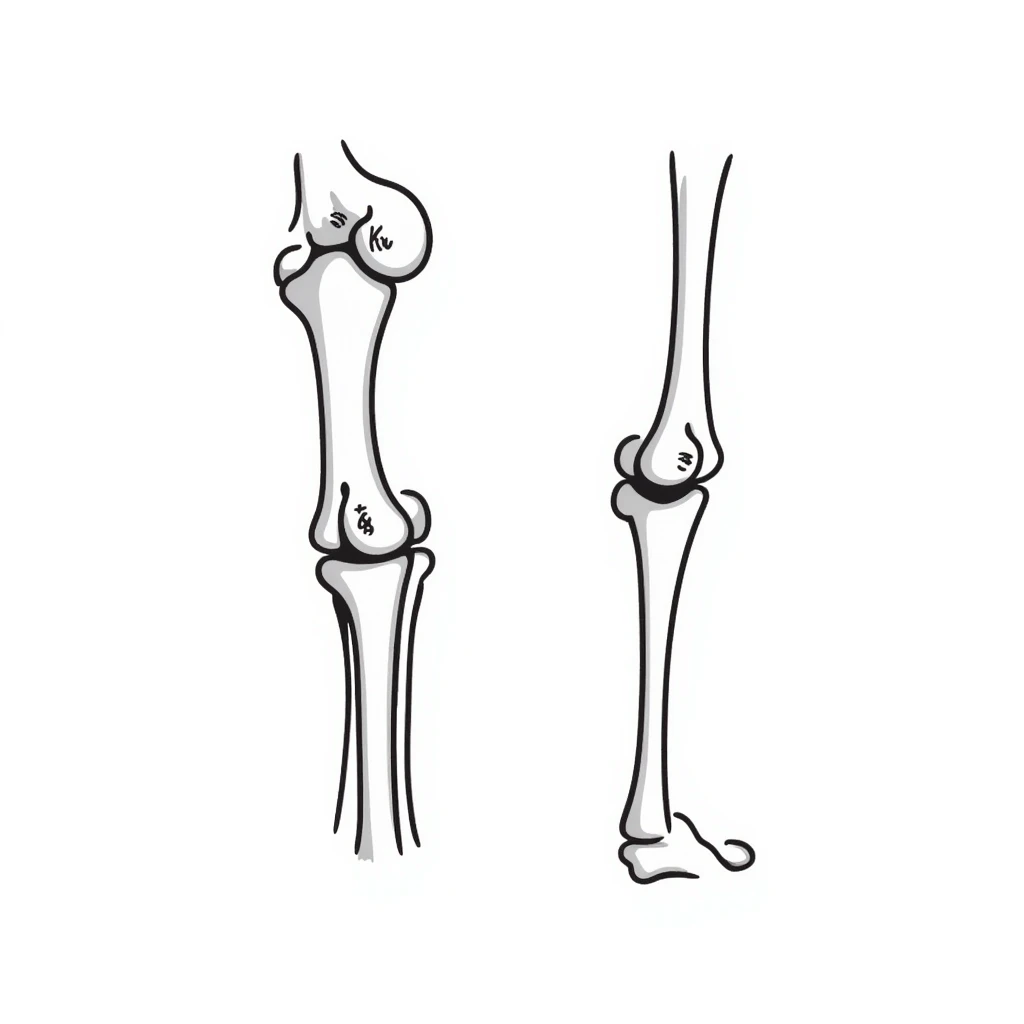 anatomical drawing of knee bones showing patella, femur, tibia, and fibula with labels emoji