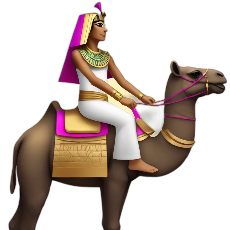 Egyptian pharaon on a camel,pyramids, tanned skin, golden magenta  costume emoji