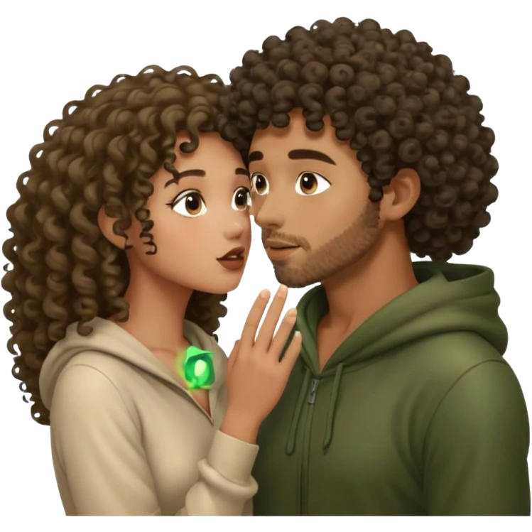 nude mixed-race woman with curls and nude hooded forest man, she whispering into his ear, glow dust emoji
