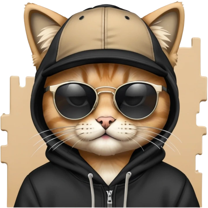 cat wearing a black snapback cap, black hoodie, and black sunglasses low on his nose that he is peering over, doing graffiti art with spray paint, street art style emoji