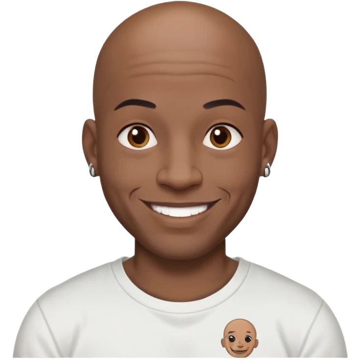 bald black man with full face tattoos, smiling, wearing a t-shirt emoji