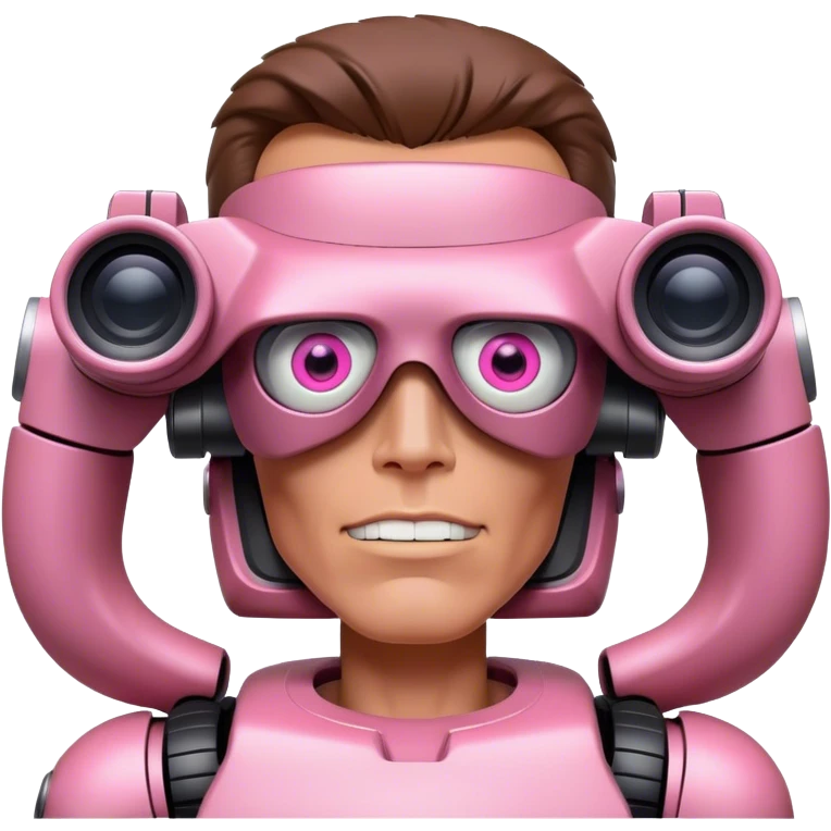 schwarzenegger-looking half robotic half human pink terminator looking through two-eyed binocular, viewed from an angled perspective emoji
