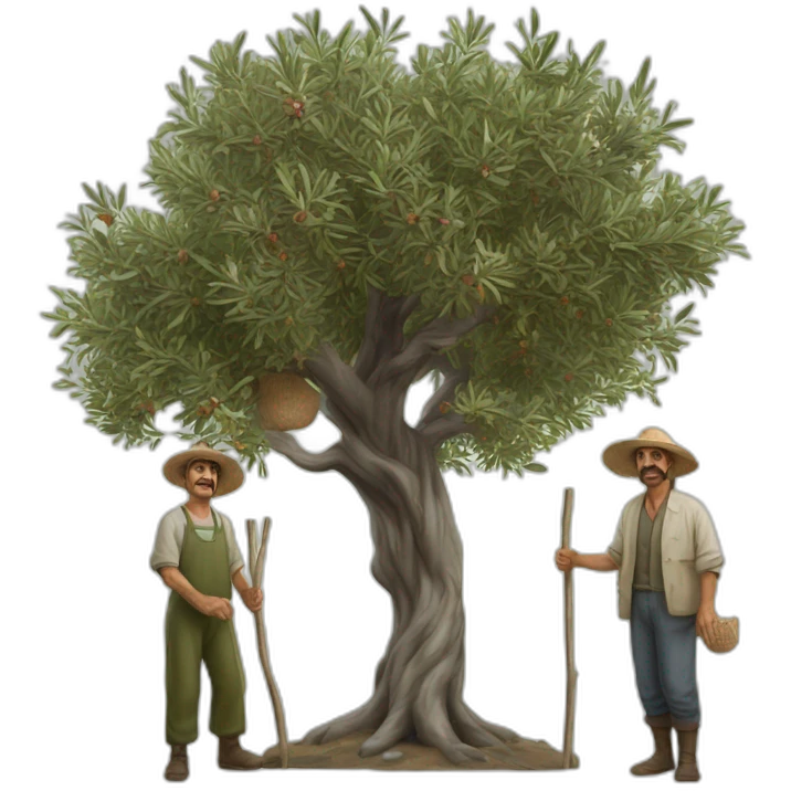 Hyperrealist olive tree and andalusian farmers with a stick emoji