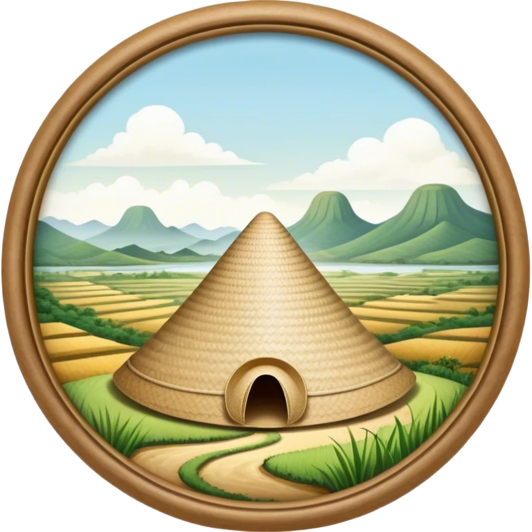 Cinematic Realistic image of an iconic conical hat (Nón Lá), rendered with detailed textures and subtle natural hues, set against a serene rural Vietnamese landscape with gentle, diffused lighting emoji