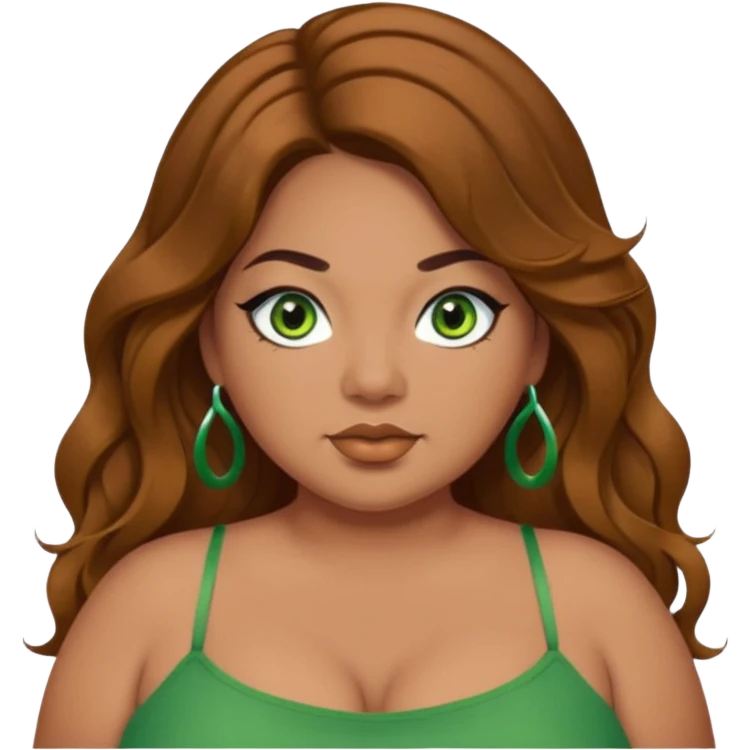 Baddie bratz girl with middle parted long wavy brown hair. green eyes. Plus size. Green spaghetti strap top. Black eyeliner emoji