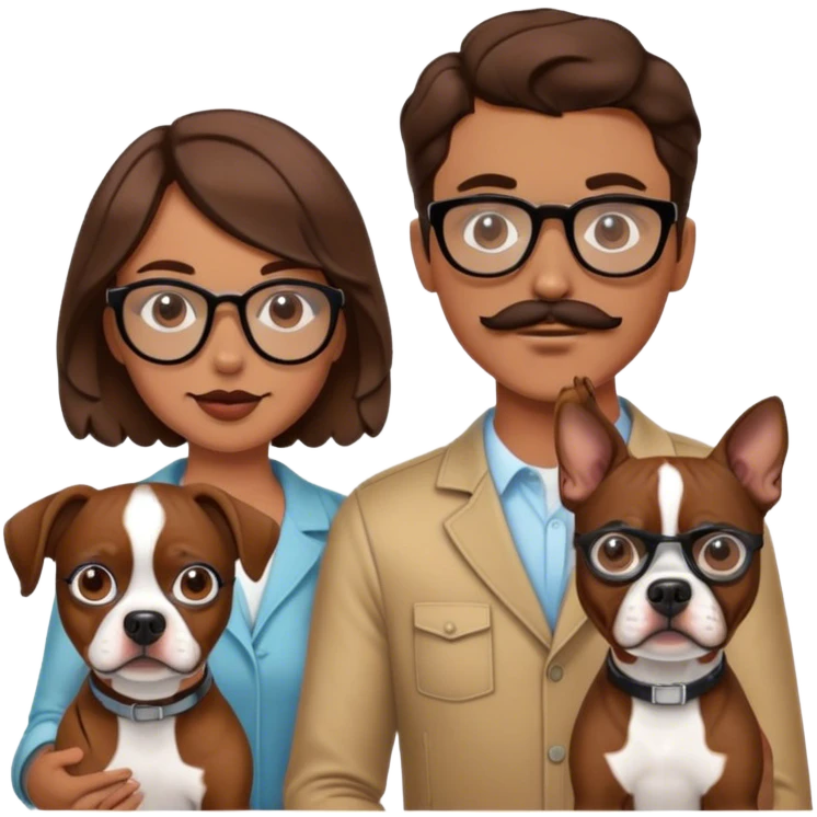 young hip fashionable cool couple wavy hair brunette man w wire glasses and mustache and brunette girl with bob and a brown pitbull boston terrier  emoji