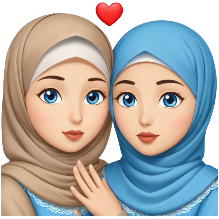 Two Turkish beautiful finish Konya friendly girls blue eyes with hijab and heart dress and Scattering kisses outside  emoji