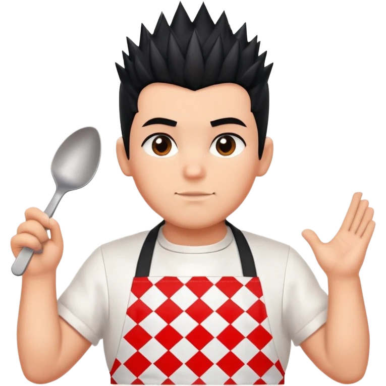 big boy with black spiky hair styled upward, wearing a white apron with red squares pattern emoji