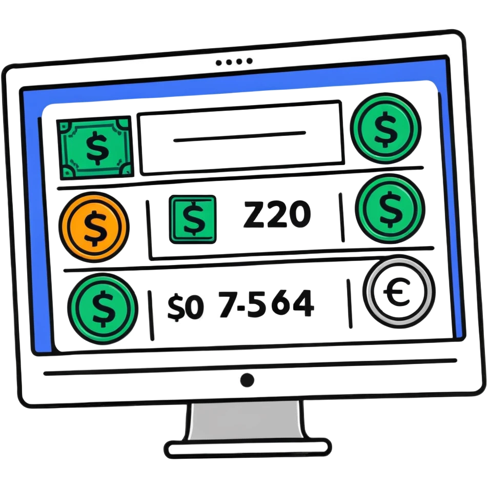 computer screen with price comparison dashboard showing multiple currencies € $ £ ¥ emoji