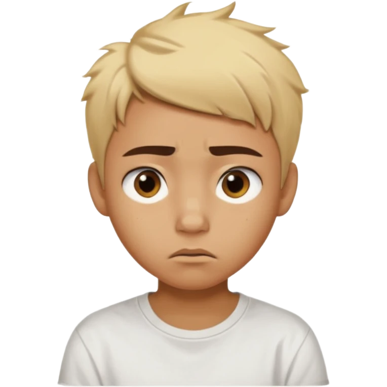 caramel skin color. Teen age. Short buzz, messy blonde hair, dark brown bushy eyebrows large expressive golden-brown eyes, brown skin color, scar over nose, wearing a plain white t-shirt. Disappointed thinking facial expression. caramel skin color emoji