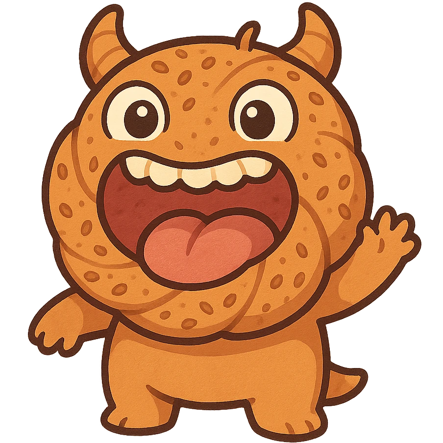 playful Turkish simit monster with a simit as its mouth, cartoonish eyes, fun whimsical expression emoji
