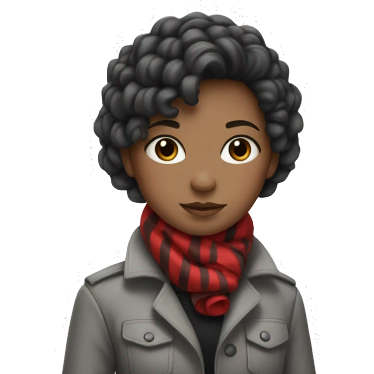 A girl with black gathered hair. A white shirt and a grey jacket. around the neck is a scarf of dark gray flowers with white and red stripes emoji