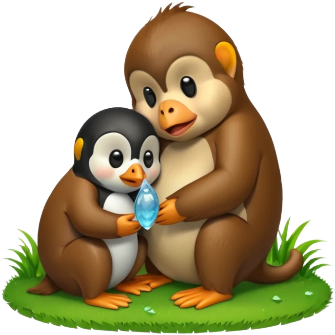 A monkey melting and crying while having a penguin on its head and both of them are touching grass emoji