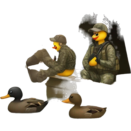 People in camo sitting in a duck blind with decoys in front of them in the water emoji
