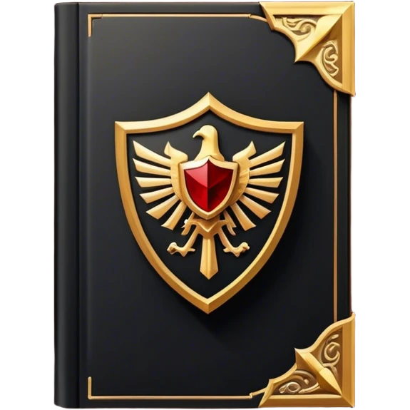 Un libro negro mate con detalles en dorado profundo o rojo oscuro, irradiando una sombra poderosa, con un símbolo de escudo, y una ligera aura de calor, reflejando el poder de vivir sin miedo.  emoji