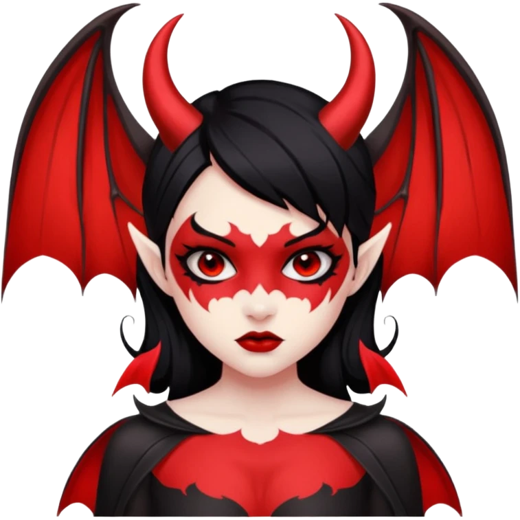 Demon girl: red skin, black hair, small horns, bat wing; tattoo-flash comic style; red/black palette; bold outlines; dark background; no text. emoji