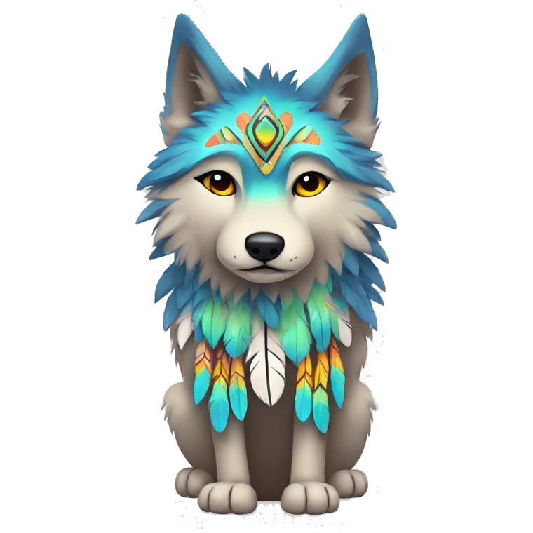 Fluffy Shy Colorful Spiritual Wolf With Shiny Tribal Markings wearing feathers Full Body emoji