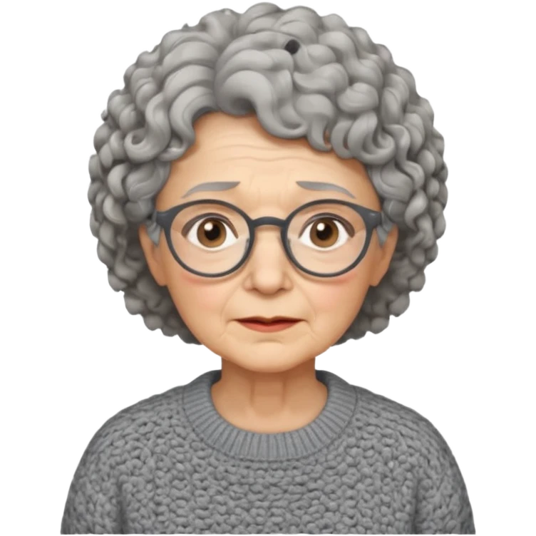 Old woman, solemn, wearing glasses and sweater, short curly hair emoji