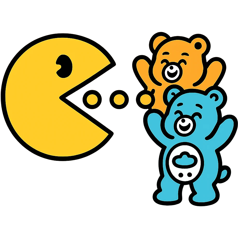 Pacman eating power pellets with Care Bears cheering, 80's arcade vibe emoji