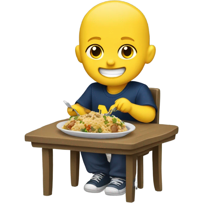 bald blonde boy enjoying his meal in Michigan wolverines shirt  emoji