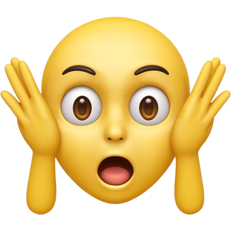 A 3D glossy yellow emoji of a shocked horrified face, with mouth and eyes are wide open, eyebrows  raised, and hands against their face, black background, high quality, soft studio lighting emoji
