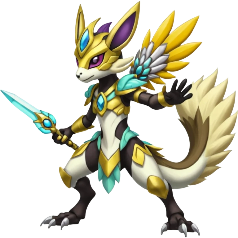 Colorful masked armored leathery scaly furry Meloetta-Manectric-Solgaleo-Raikou-Pokémon-Digimon-Fakémon-fusion-hybrid-creature emoji