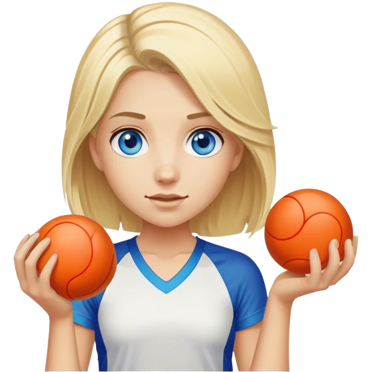Blond girl with hair parted in the middle of her head and blue eyes holding a pickleball emoji