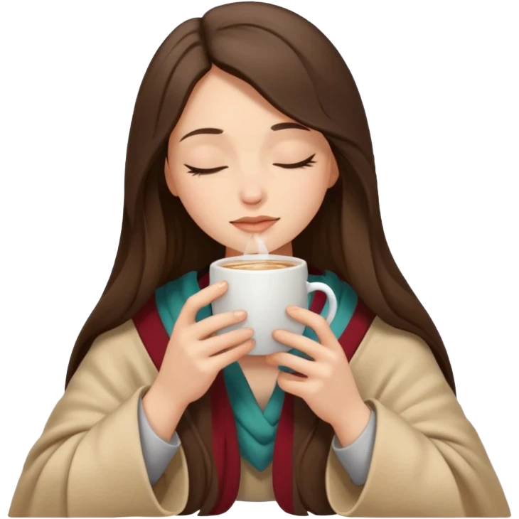 Brunette girl long hair inside a beige blanket sipping coffee eyes closed emoji